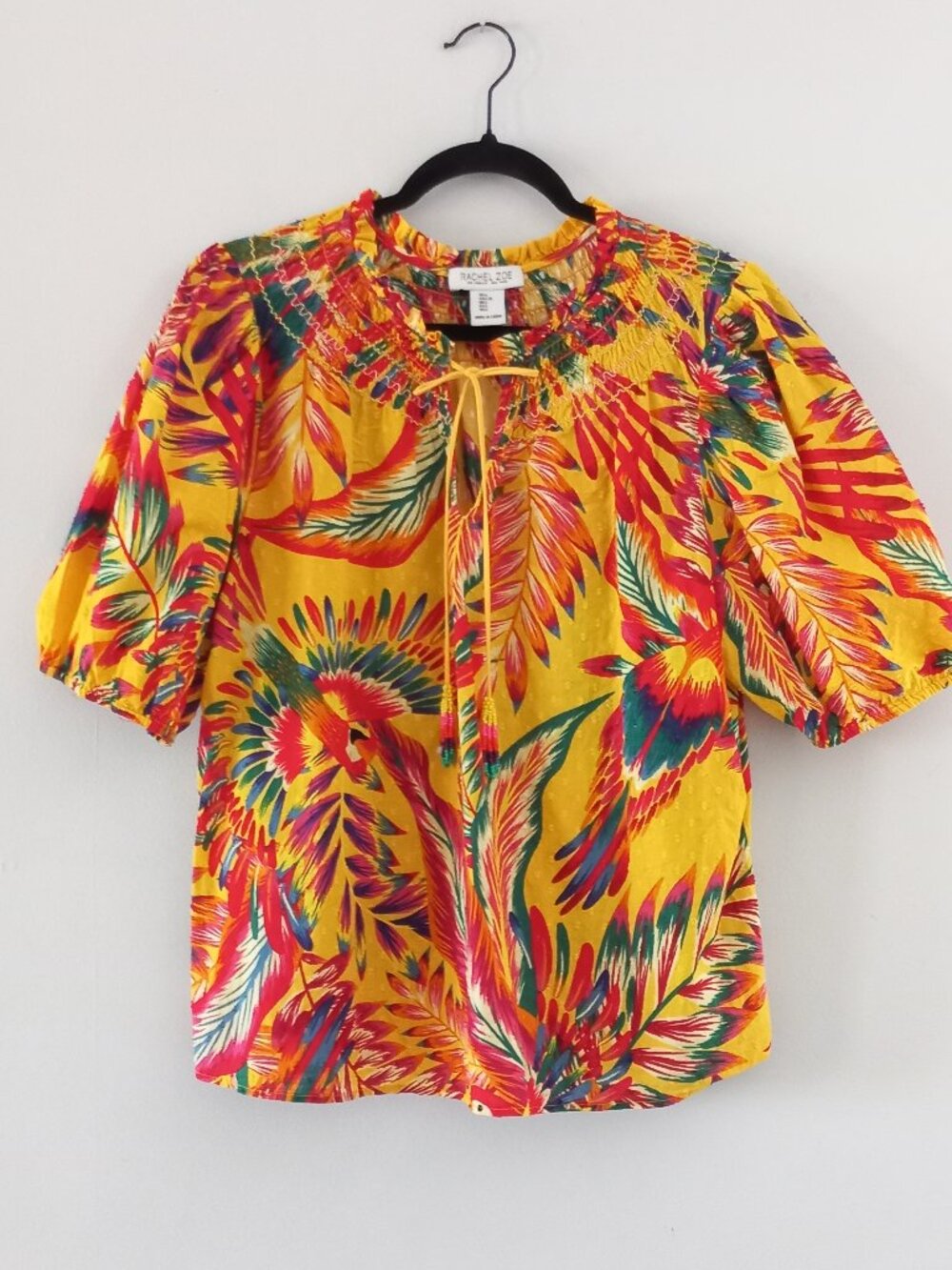 RACHEL ZOE colourful cotton parrot print blouse with puff sleeves
